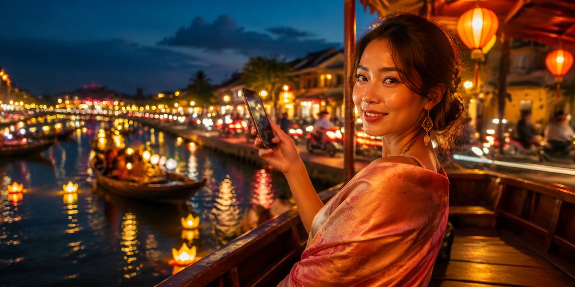 Không khí chợ đêm Hội An và người dùng tham gia nhận thưởng đăng ký trực tuyến
